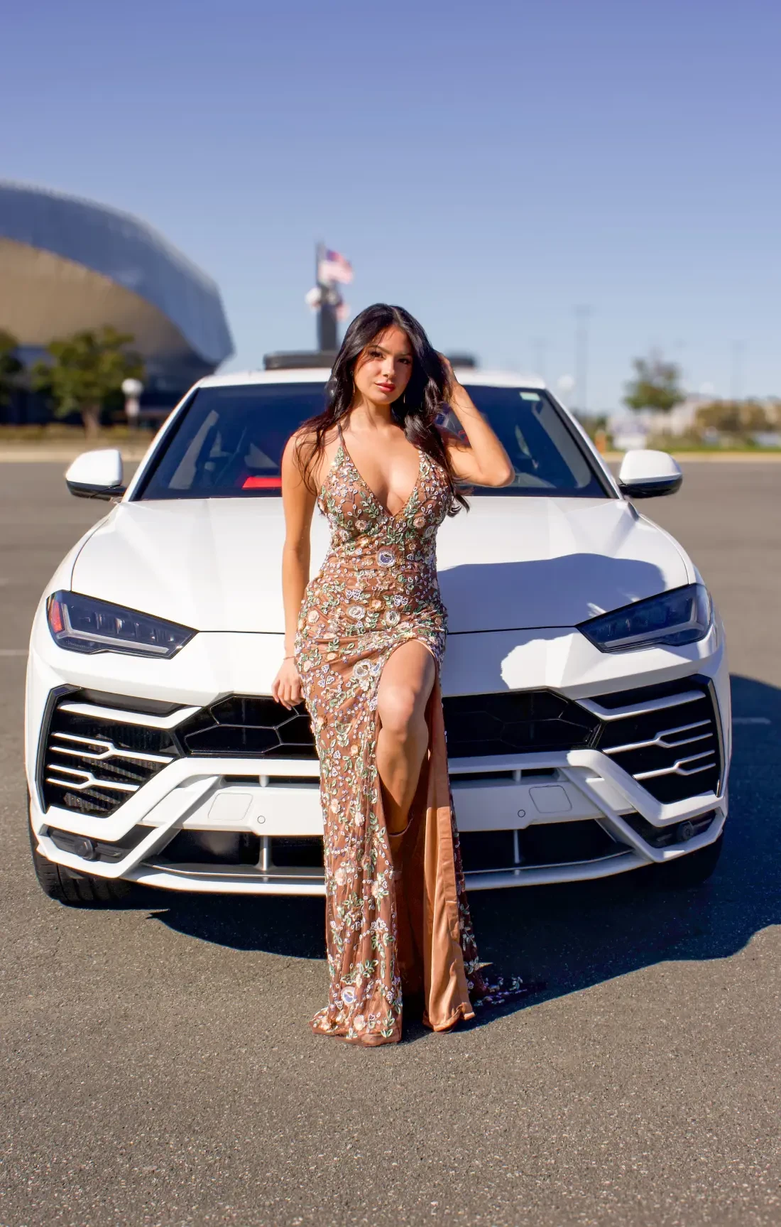 Model wearing a black prom dress